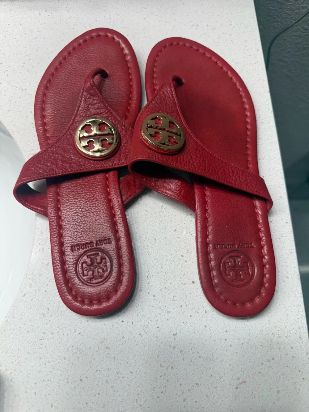 Tory Burch Red Leather Logo Thong Sandals with Gold Medallions